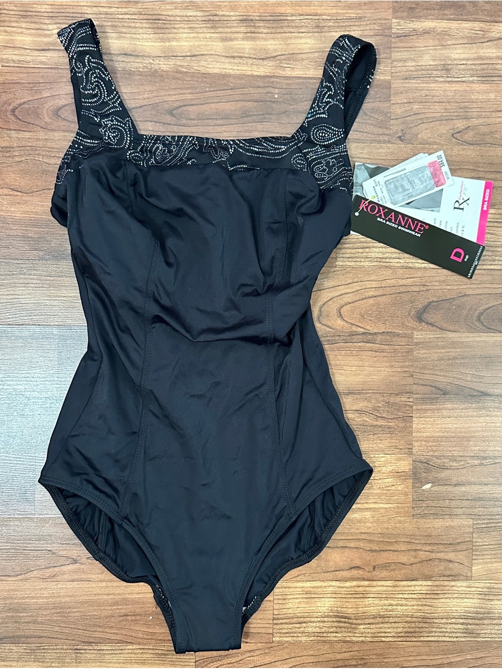 NWT Roxanne Classy-Sexy Black One-Piece Swimsuit w Sparkly Square Neck 34D/10